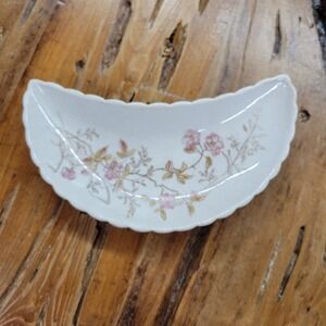 Antique Wheelock China Store Crescent Shape Bone Trinket Jewelry Dish Floral USA